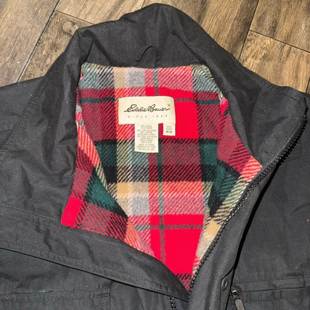 Vintage Eddie Bauer Jacket Mens M Black Plaid Wool‎ Lined Parka Outdoors